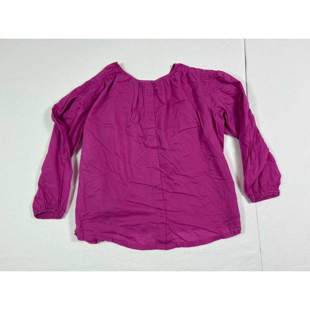 LOGO Lori Goldstein Magenta Pink Cotton Smocked Shoulder Button Back Blouse XS